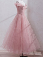 Pink off shoulder tulle sequin long Formal Prom Dresses, pink formal Dresses