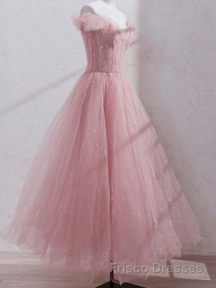 Pink off shoulder tulle sequin long Formal Prom Dresses, pink formal Dresses