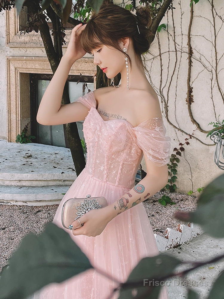 Pink Off Shoulder Tulle Simple A-Line Party Dress Prom Dress, Pink Formal Gown Secondary image