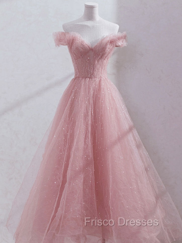 Pink Off Shoulder Tulle Tea Length Formal Prom Dress, Pink Tulle Evening Dress Secondary image