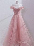 Pink Off Shoulder Tulle Tea Length Formal Prom Dress, Pink Tulle Evening Dress