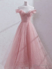 Pink Off Shoulder Tulle Tea Length Prom Dress, Pink Tulle Evening Dress