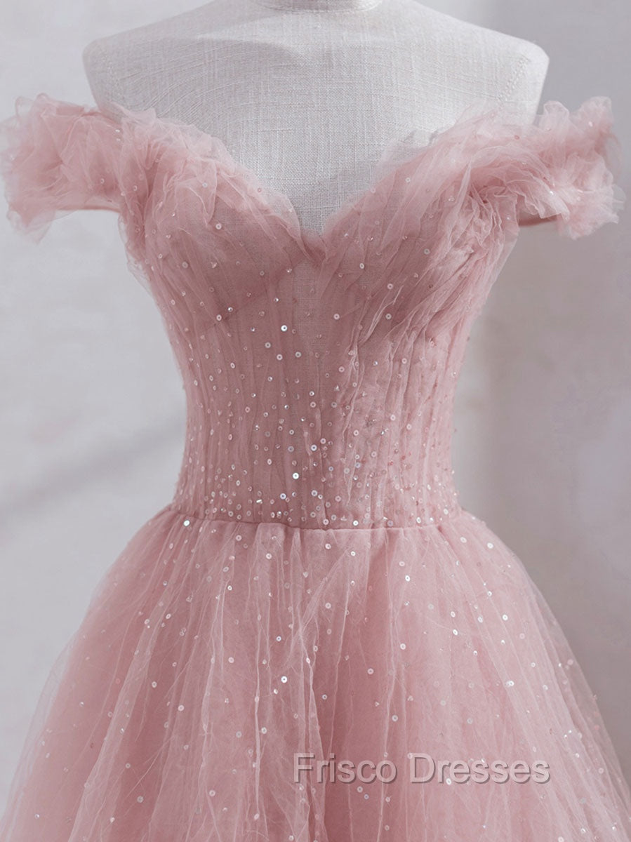Pink Off Shoulder Tulle Tea Length Formal Prom Dress, Pink Tulle Evening Dress