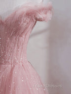 Pink Off Shoulder Tulle Tea Length Formal Prom Dress, Pink Tulle Evening Dress