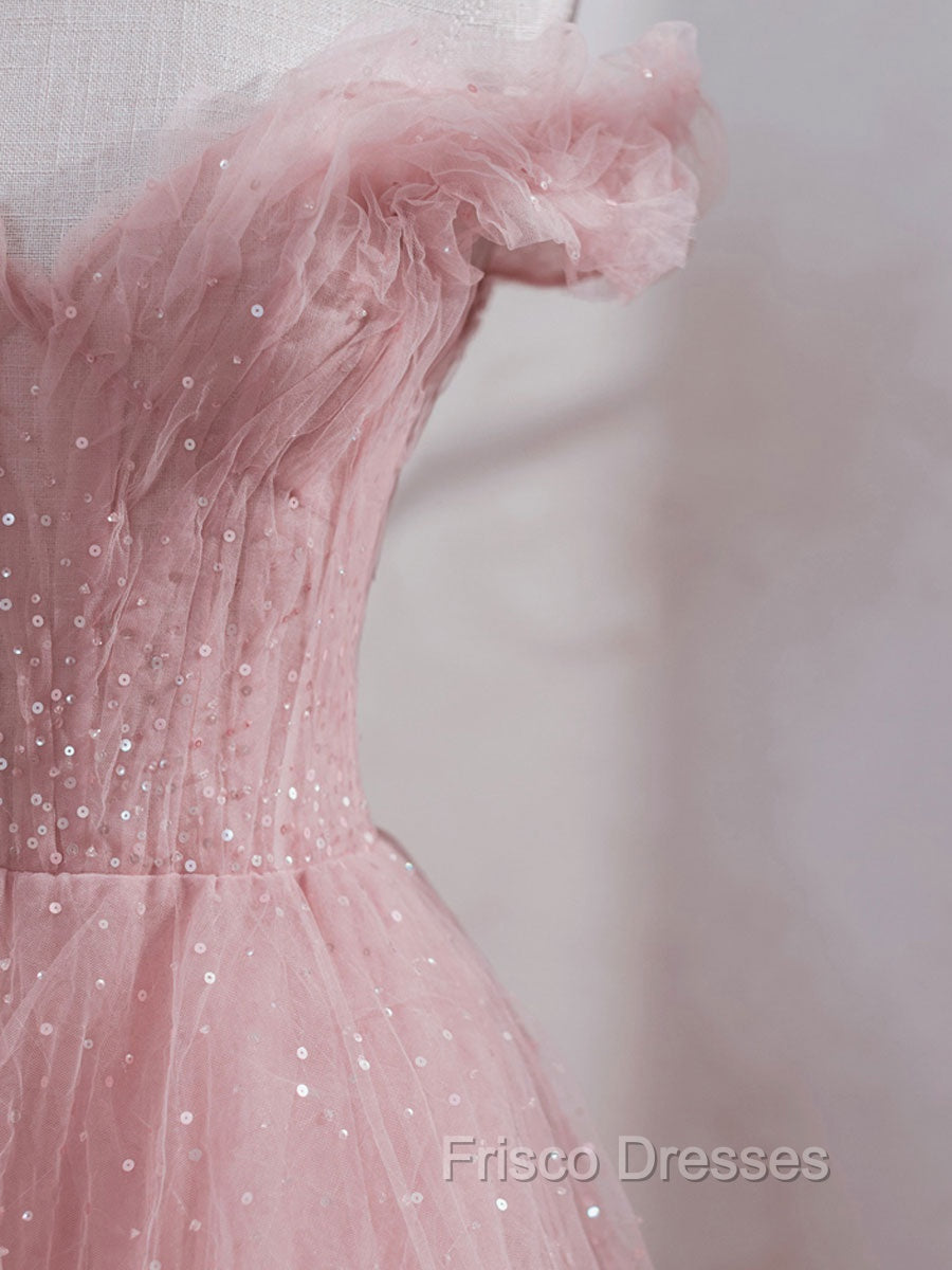 Pink Off Shoulder Tulle Tea Length Formal Prom Dress, Pink Tulle Evening Dress