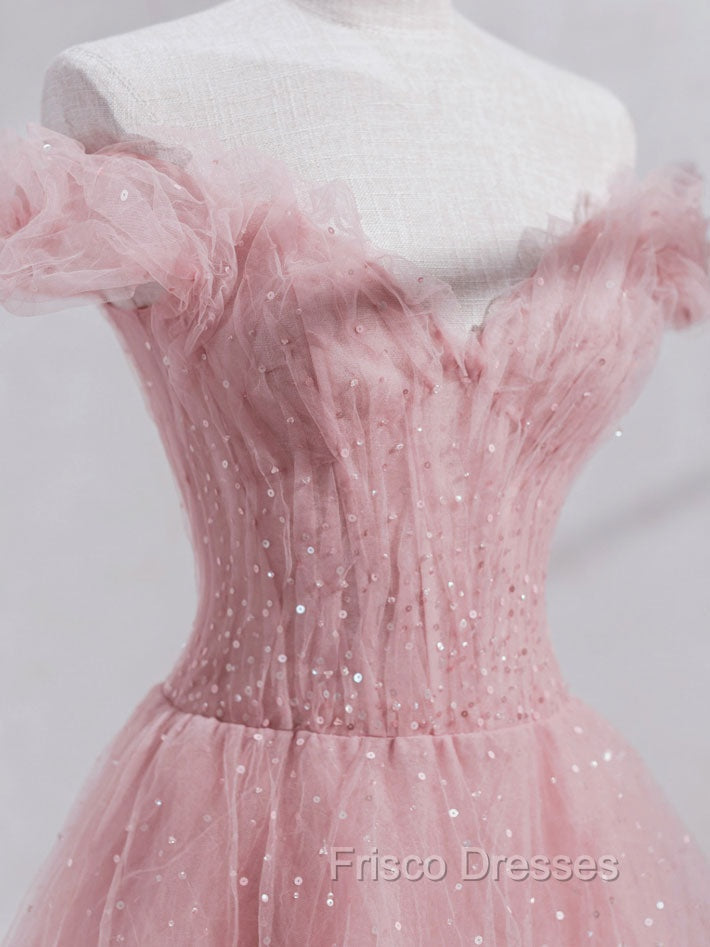 Pink Off Shoulder Tulle Tea Length Formal Prom Dress, Pink Tulle Evening Dress