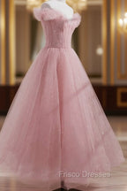 Pink Off Shoulder Tulle Tea Length Formal Prom Dress, Pink Tulle Evening Dress