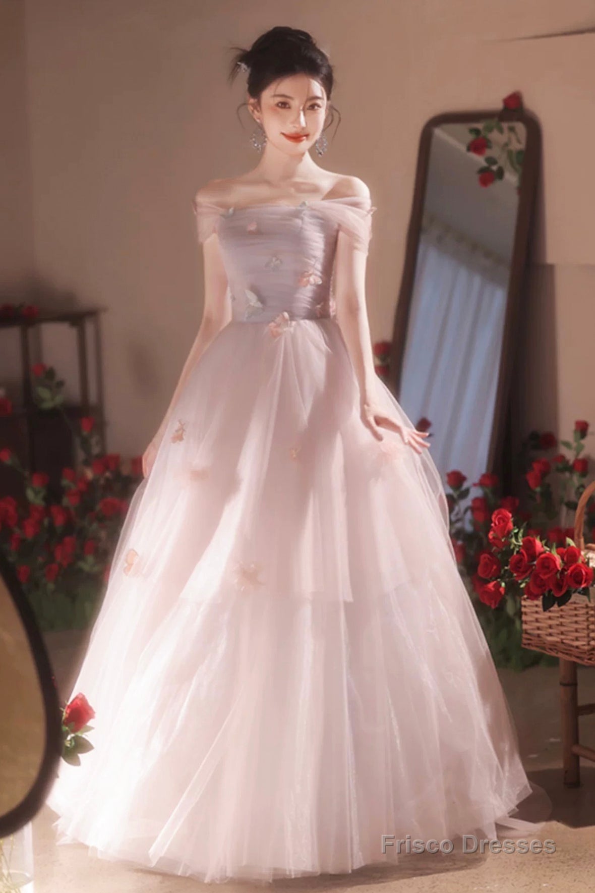 Pink Off The Shoulder Tulle Prom Dress, Lovely A-Line Long Formal Graduation Dress Secondary image