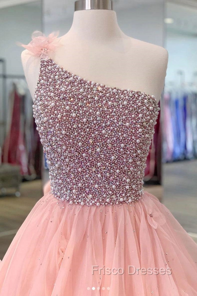 Pink One Shoulder Beads Long Formal Prom Dress Pink Evening Dress