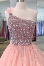 Pink One Shoulder Beads Long Formal Prom Dress Pink Evening Dress