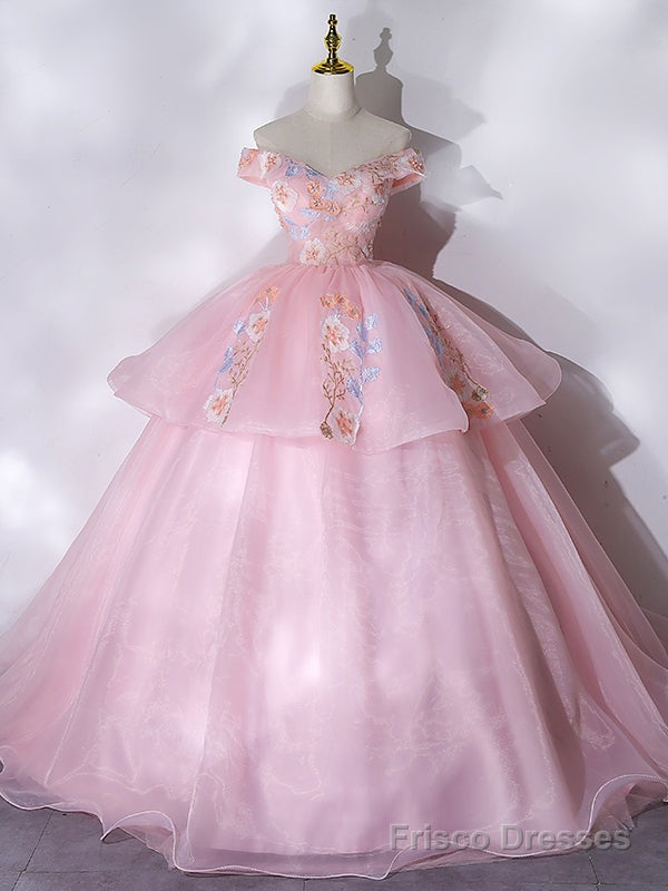 Pink Organza Off the Shoulder Embroidery Beading Quinceanera Dress Main image
