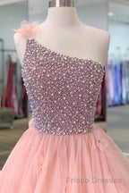 Pink Formal Prom Dresses A Line One Shoulder Long Party Evening Dresses with Beading Ruffles