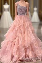 Pink Formal Prom Dresses A Line One Shoulder Long Party Evening Dresses with Beading Ruffles