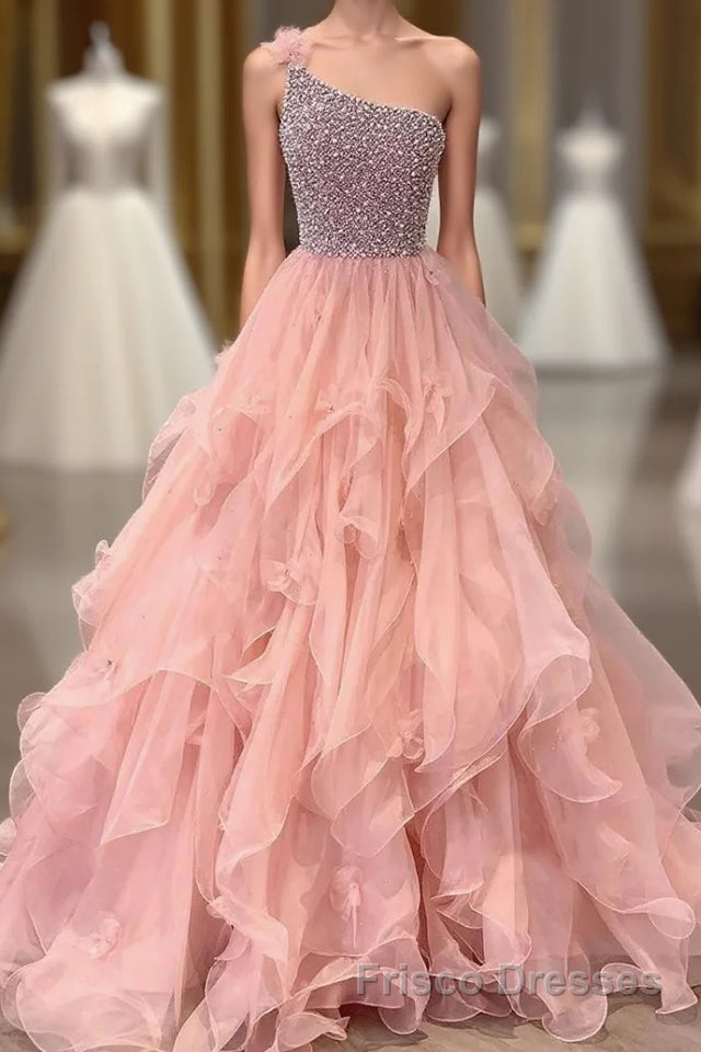 Pink Formal Prom Dresses A Line One Shoulder Long Party Evening Dresses with Beading Ruffles