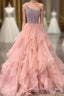 Pink Formal Prom Dresses A Line One Shoulder Long Party Evening Dresses with Beading Ruffles