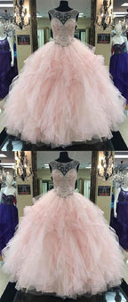 Pink Prom Dress Pink Beading Long Prom Dress Ball Gowns Cap Sleeve Wedding Dress Evening Dress
