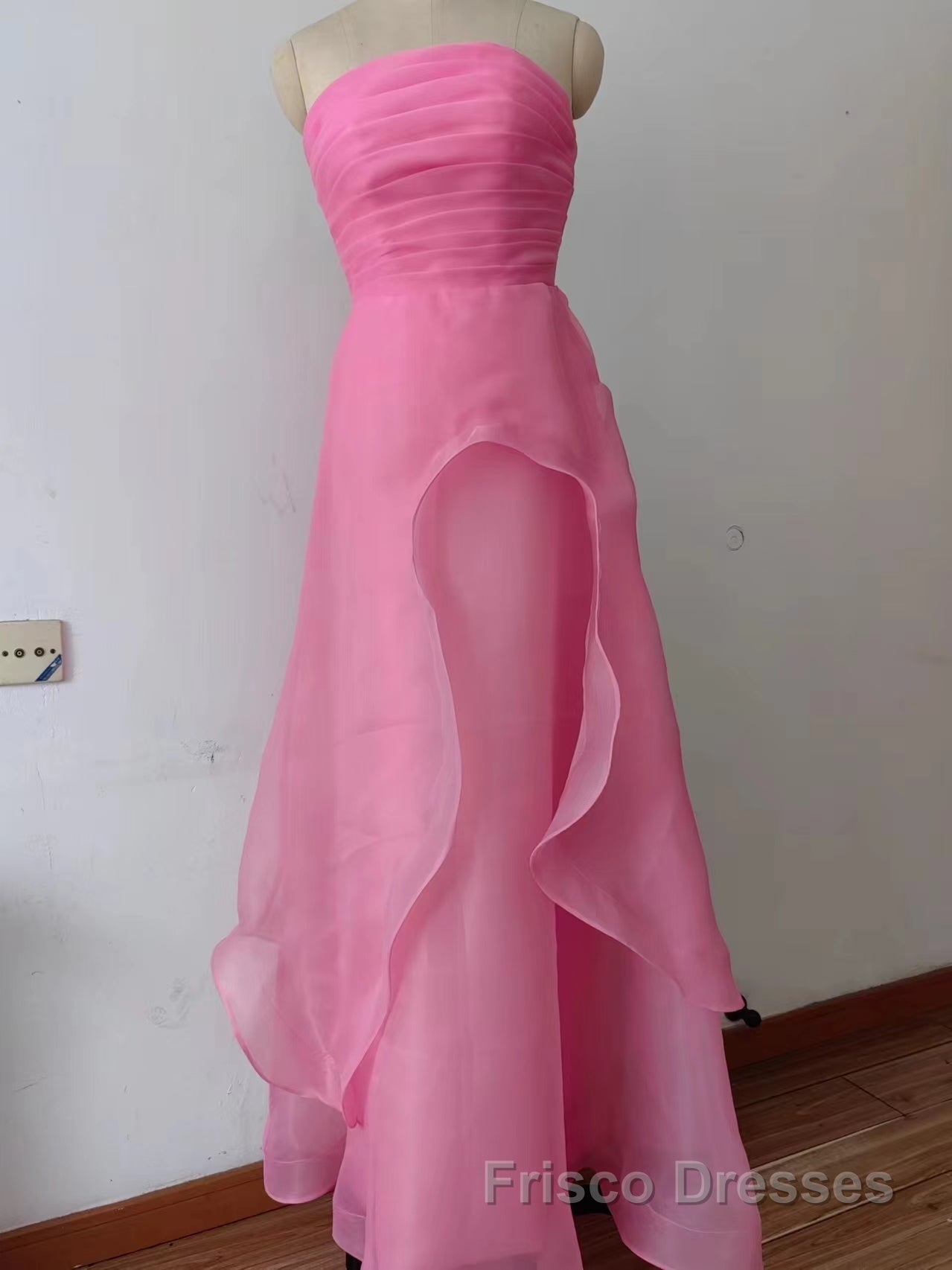 Pink Formal Prom Dresses Tulle Evening Gown Strapless Ruffles A-line Simple Formal Prom Dresses For Teens