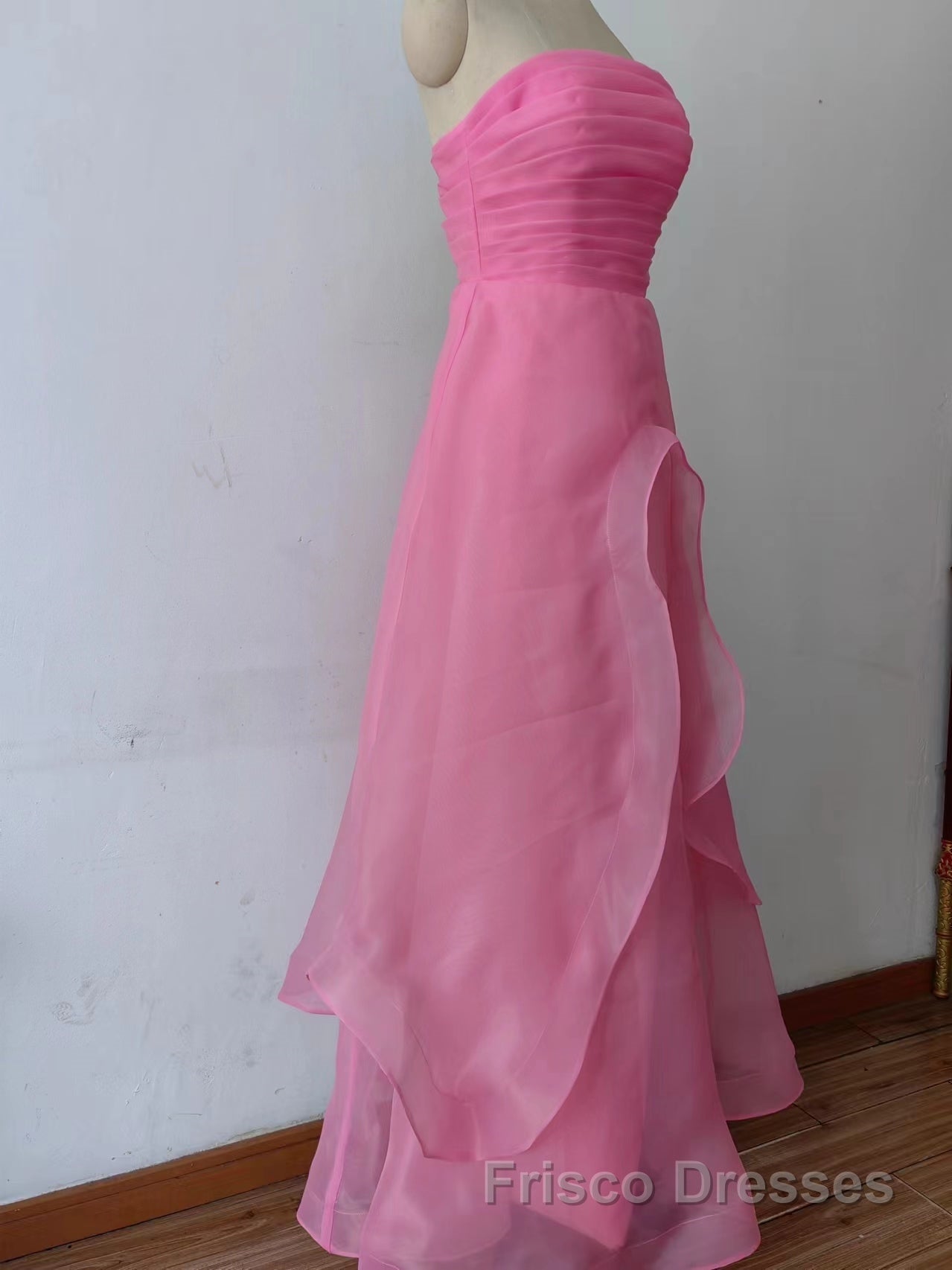 Pink Formal Prom Dresses Tulle Evening Gown Strapless Ruffles A-line Simple Formal Prom Dresses For Teens