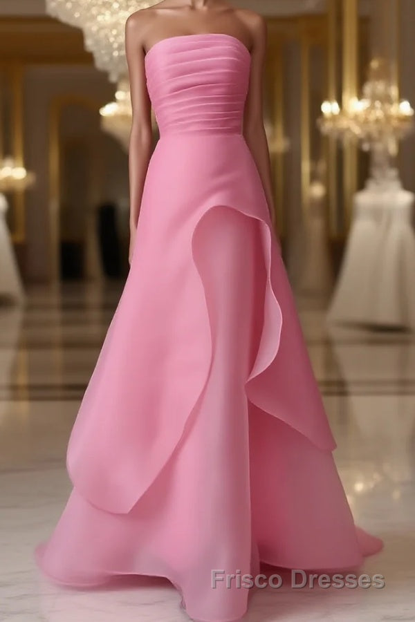 Pink Formal Prom Dresses Tulle Evening Gown Strapless Ruffles A-line Simple Formal Prom Dresses For Teens Main image