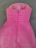 Pink Formal Prom Dresses Tulle Evening Gown Strapless Ruffles A-line Simple Formal Prom Dresses For Teens