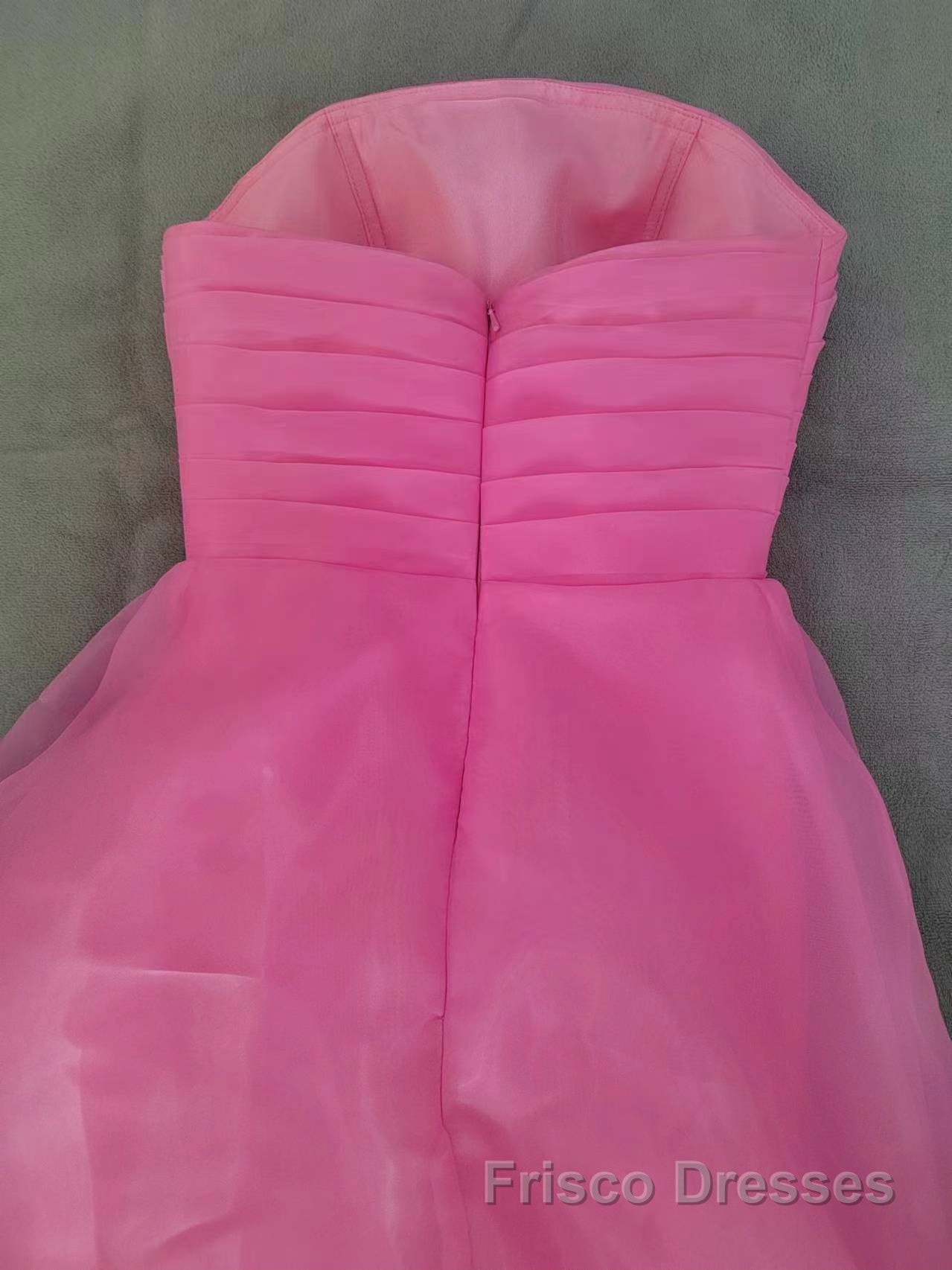 Pink Formal Prom Dresses Tulle Evening Gown Strapless Ruffles A-line Simple Formal Prom Dresses For Teens