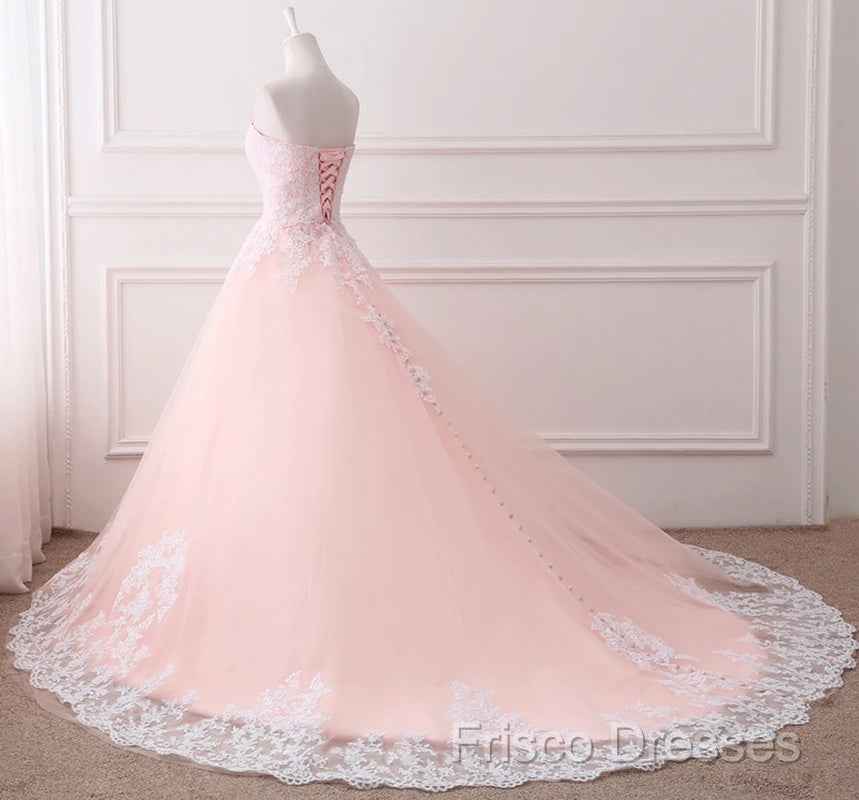 Pink Puffy Ball Gown Princess Sweetheart Tulle Formal Dress With White Lace Formal Prom Dress Secondary image