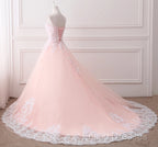 Pink Puffy Ball Gown Princess Sweetheart Tulle Formal Dress With White Lace Formal Prom Dress