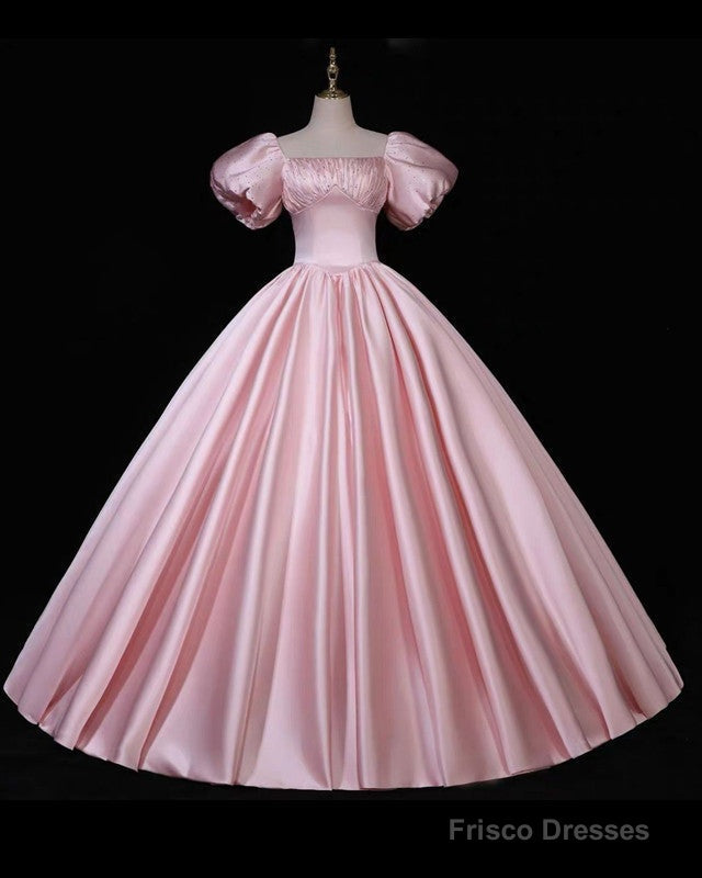 Pink Puffy Sleeve Ball Gown Satin Dress Main image