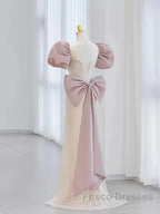 Pink Puffy Sleeves Trumpet Mermaid Sequin Formal Prom Dress