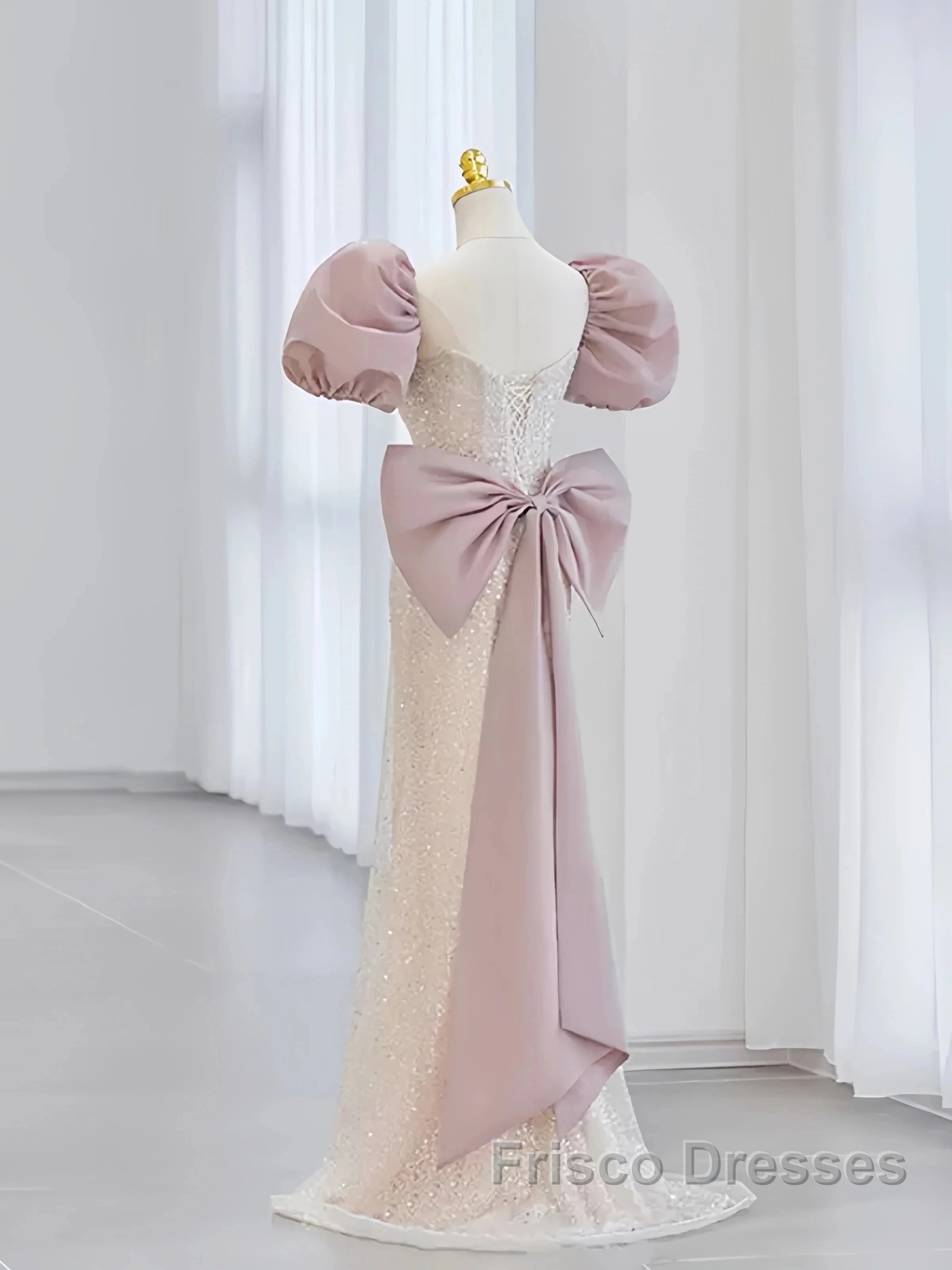Pink Puffy Sleeves Trumpet Mermaid Sequin Formal Prom Dress