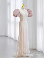 Pink Puffy Sleeves Trumpet Mermaid Sequin Formal Prom Dress