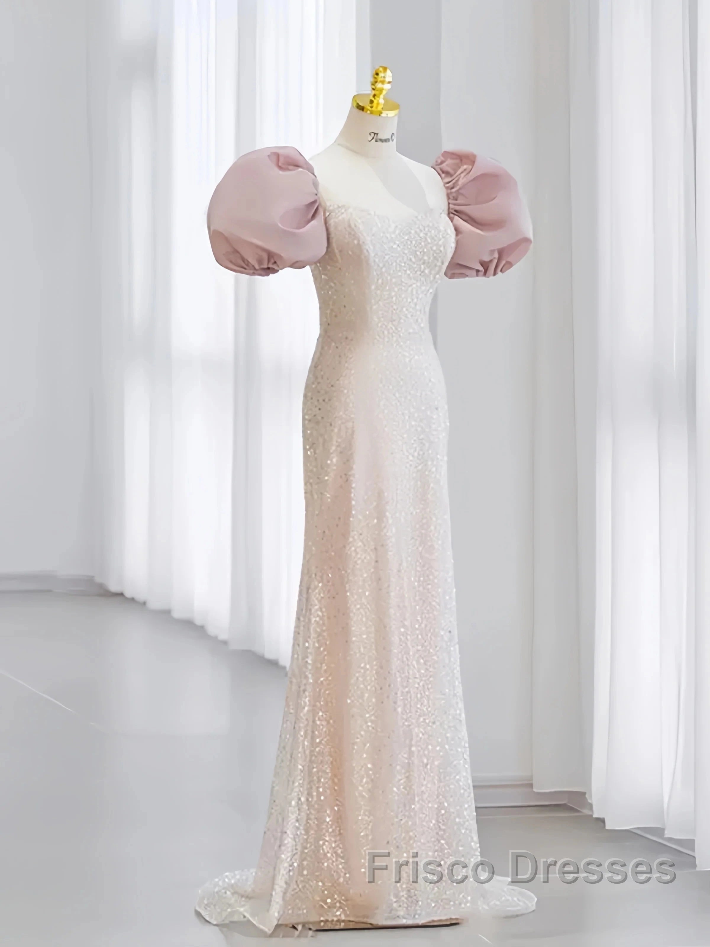 Pink Puffy Sleeves Trumpet Mermaid Sequin Formal Prom Dress