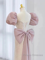 Pink Puffy Sleeves Trumpet Mermaid Sequin Formal Prom Dress