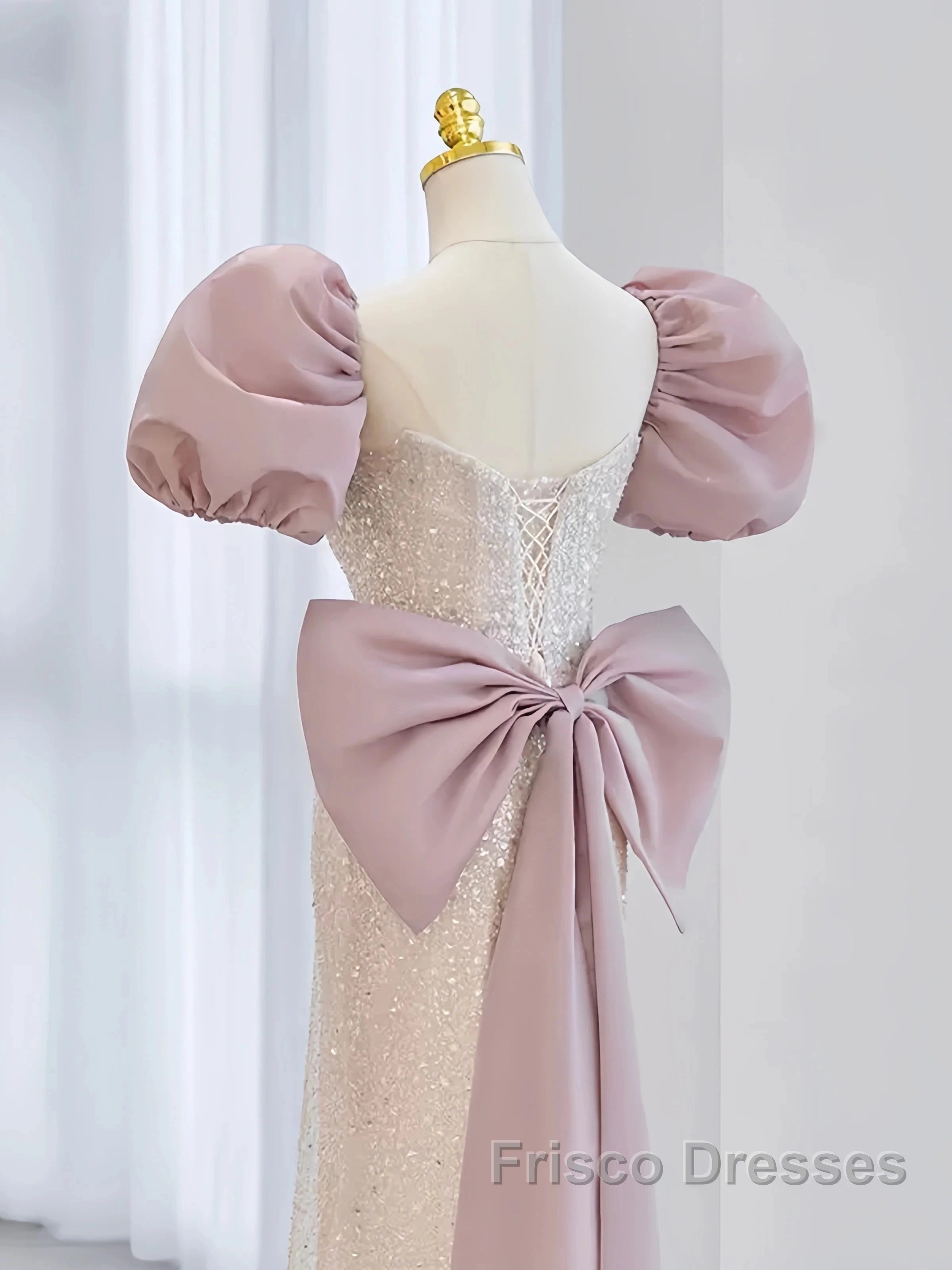 Pink Puffy Sleeves Trumpet Mermaid Sequin Formal Prom Dress