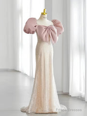 Pink Puffy Sleeves Trumpet Mermaid Sequin Prom Dress