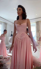 Pink Retro Elegant Sweetheart Neckline A-Line Spaghetti Strap Satin Long Evening Dress Birthday Party Dress Bridesmaid Dress