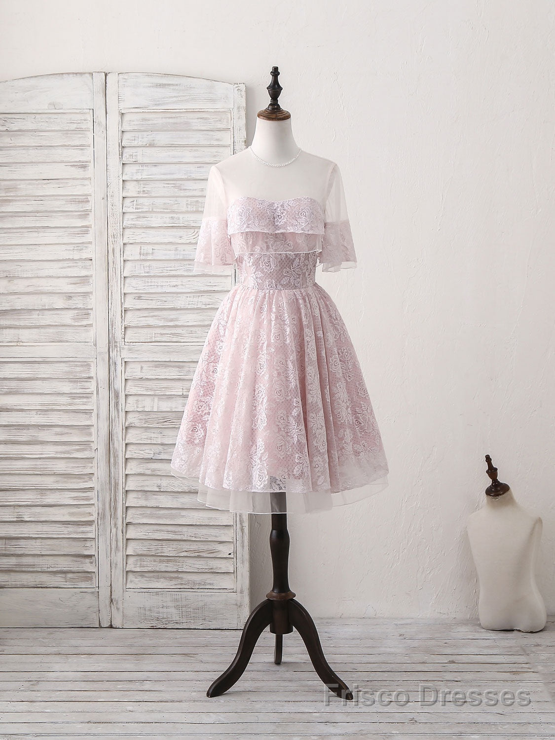 Pink Round Neck Lace Tulle Short Prom Dress, Pink Homecoming Dress Main image