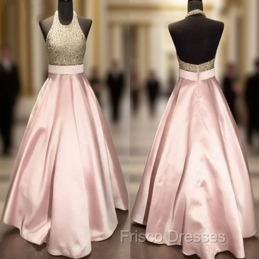 Pink Round Neck Sequin Long Formal Prom Gown, Pink Evening Dress For Teens Main image