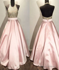 Pink Round Neck Sequin Long Prom Gown, Pink Evening Dress For Teens