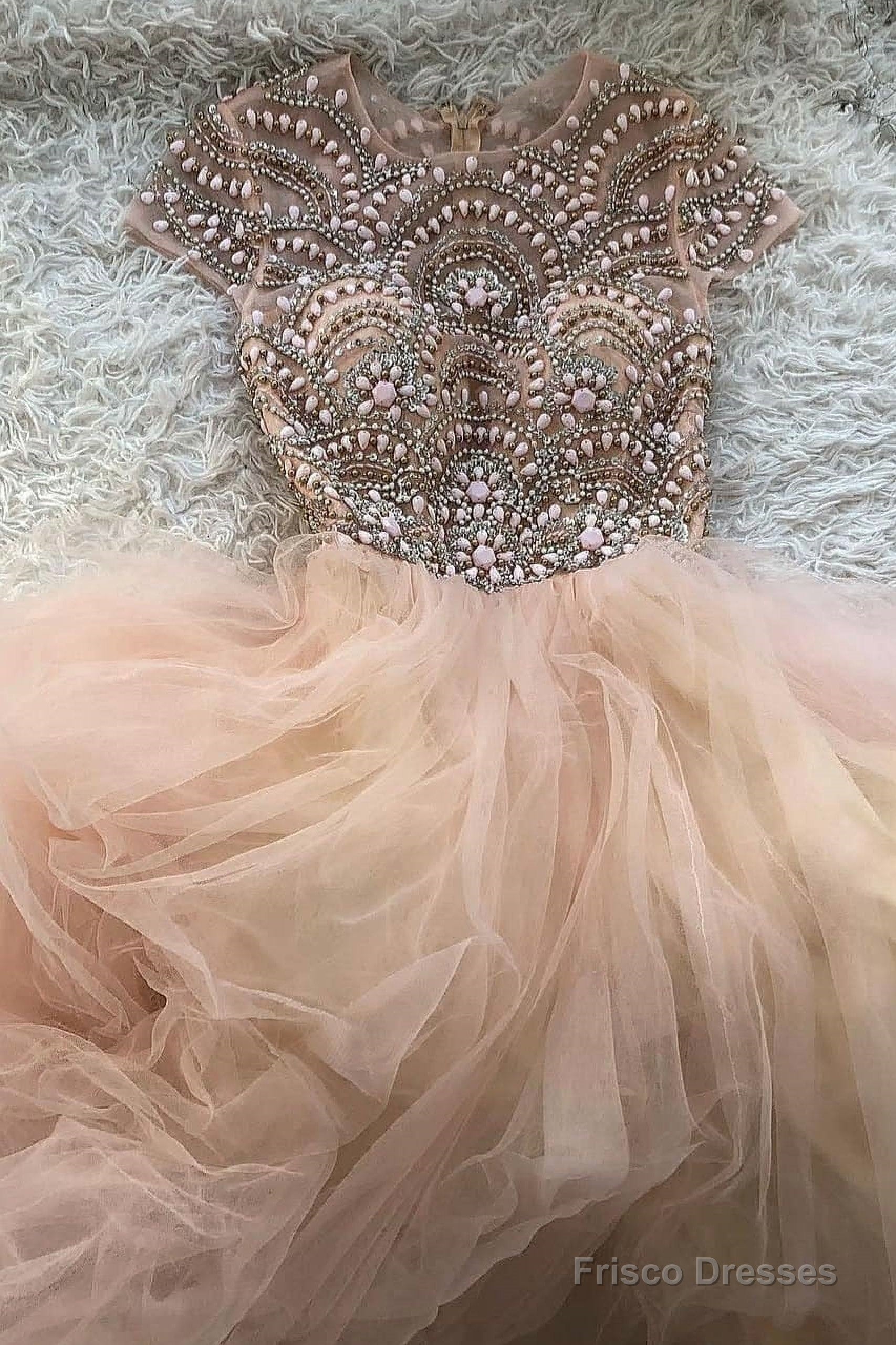 Pink Round Neck Tulle Beads Long Prom Dress Pink Tulle Formal Dress Main image
