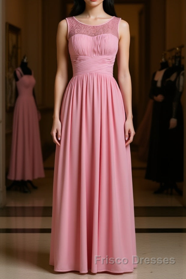 Pink round neck tulle lace long Formal Prom Dresses, pink lace bridesmaid Dresses Main image