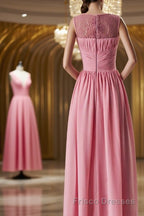 Pink round neck tulle lace long Formal Prom Dresses, pink lace bridesmaid Dresses