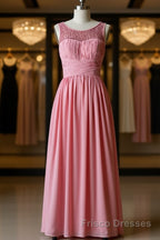 Pink round neck tulle lace long Formal Prom Dresses, pink lace bridesmaid Dresses