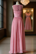 Pink round neck tulle lace long Formal Prom Dresses, pink lace bridesmaid Dresses
