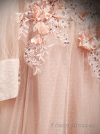 Pink round neck tulle lace long Formal Prom Dresses, pink lace bridesmaid Dresses