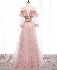Pink Round Neck Tulle Lace Long Prom Dress Pink Lace Evening Dress