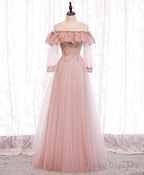 Pink Round Neck Tulle Lace Long Prom Dress Pink Lace Evening Dress