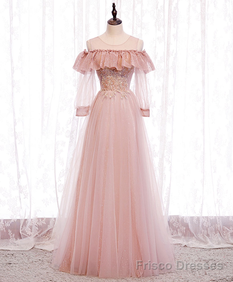 Pink Round Neck Tulle Lace Long Prom Dress Pink Lace Evening Dress