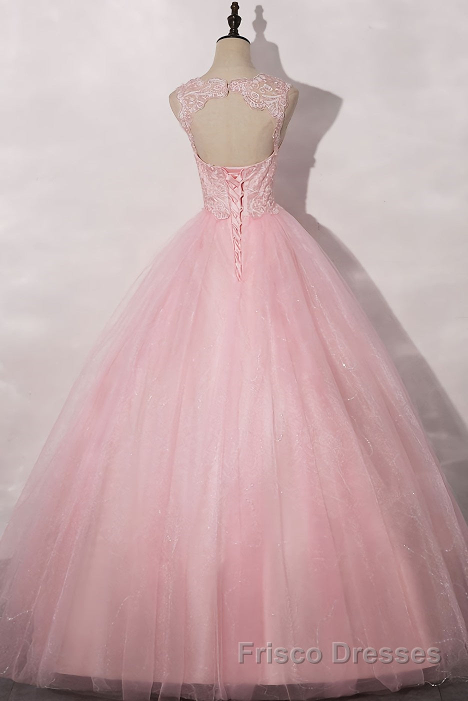 Pink round neck tulle lace long Formal Prom Dresses pink tulle formal Dresses
