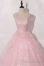 Pink round neck tulle lace long Formal Prom Dresses pink tulle formal Dresses